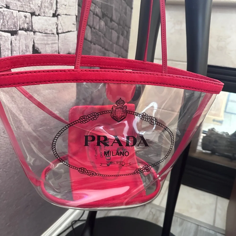 PRADA Clear Red Tote Pool Summer Bag with Pouch Authentic Used  Good   Condition - Picture 5 of 14
